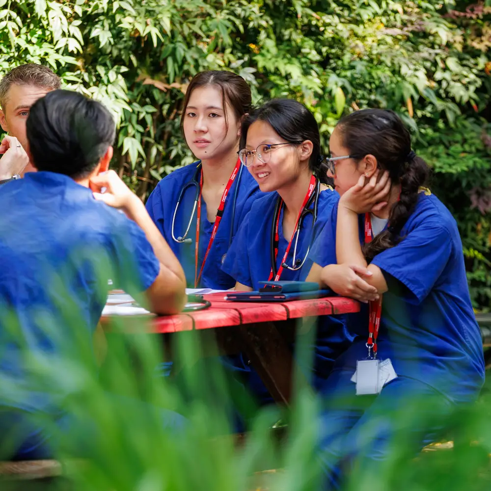 Hospital staff taking a break in the garden at Chelsea and Westminster Hospital