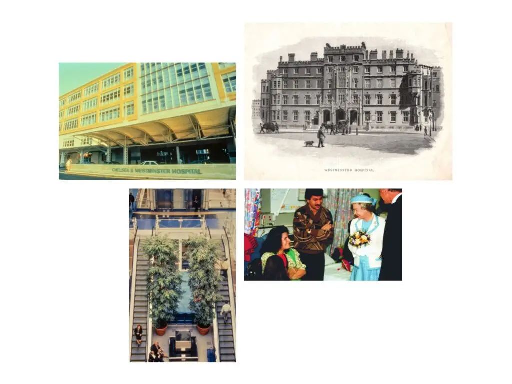 Historical images of Chelsea and Westminster hospital including an image of Queen Elizabeth II meeting with a patient