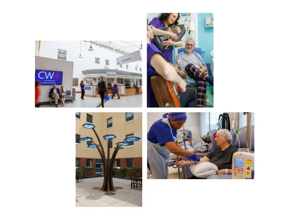 Image montage with pictures of patients receiving care, an open lobbby area of the hospital and an outdoor space with a tree like art sculpture