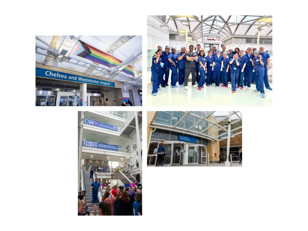 Image montage with pictures of healthcare professionals and entranceways to hospitals