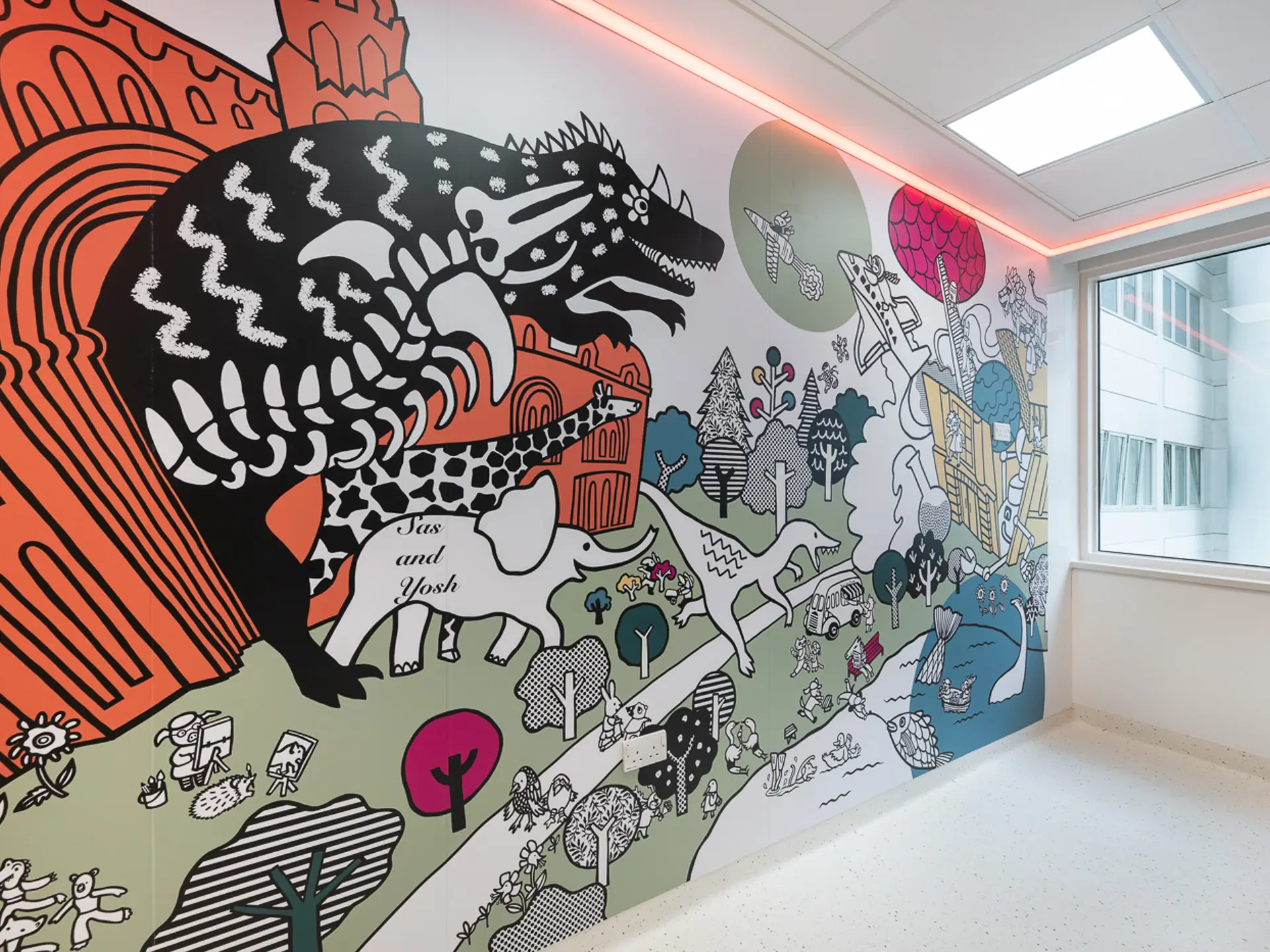 Wall art depicting a busy scene with animals, buildings and nature in blues, greens, oranges and pinks