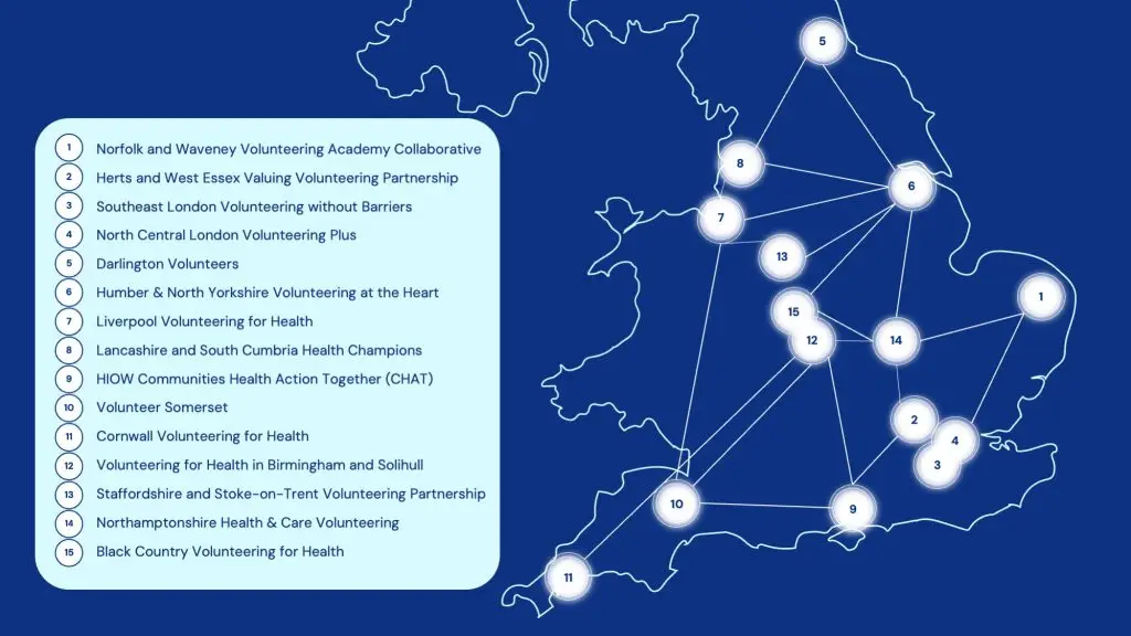 Outline of England with 15 dots marking the locations of the 15 Volunteering for Health projects across the country