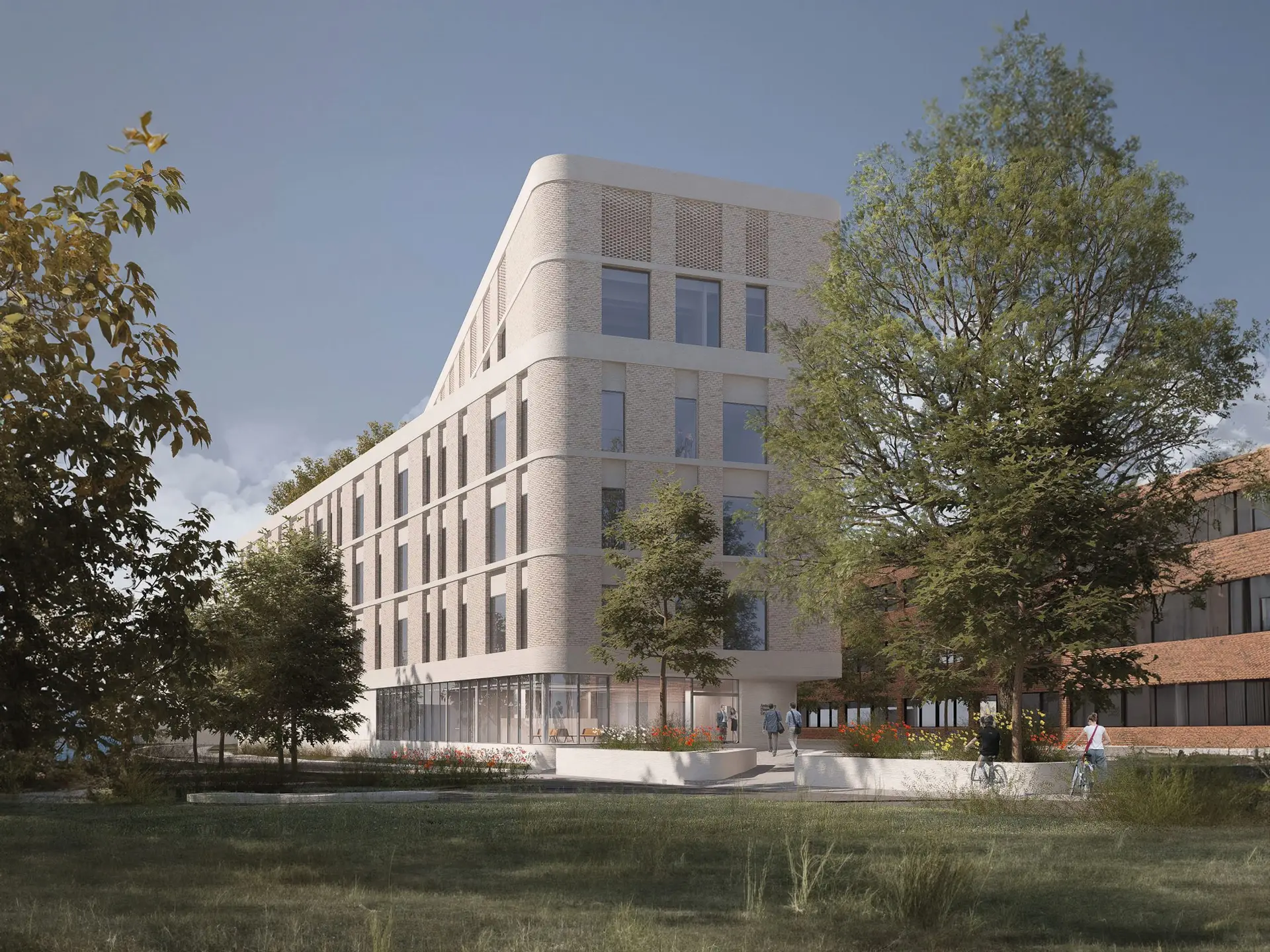 Architect's impression of the Ambulatory Diagnostic Centre being built at West Middlesex University Hospital. A five-storey building with grass and trees in front of it. Used here to promote Hospital Next Door