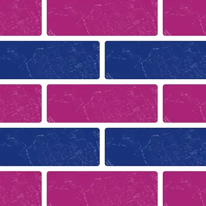 Wall graphic with pink and blue bricks