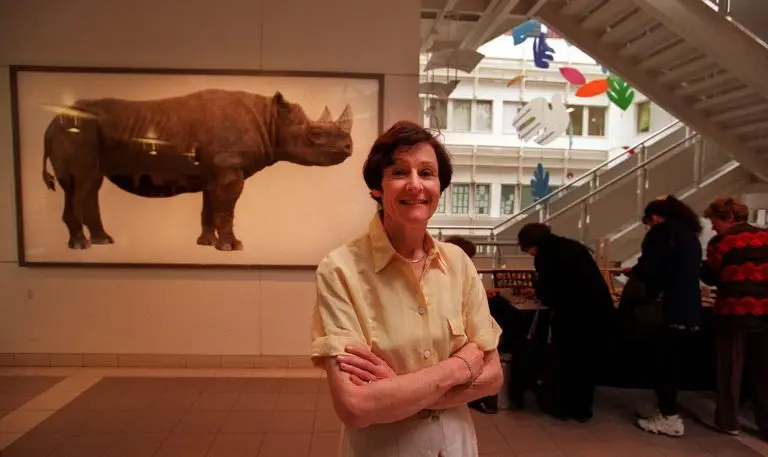 A woman with short hair stands with her arms folded in front of a large artwork depicting a rhino. This is Susan Loppert, and the picture was taken in Chelsea and Westminster Hospital in the 1990s
