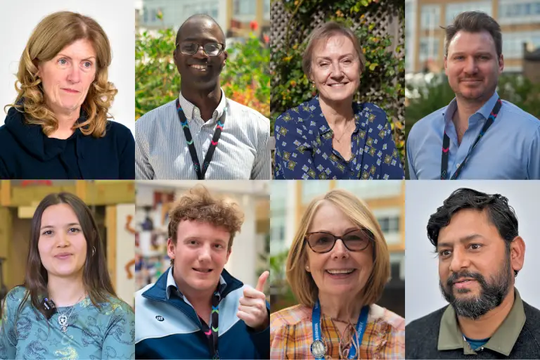 A montage of headshots of a diverse group of people – four men and four women, all part of the CW+ Thirty Stories series