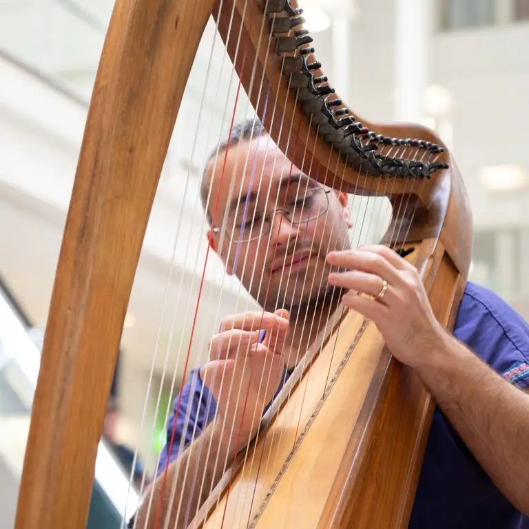 Close-up of a man pleaying the harp