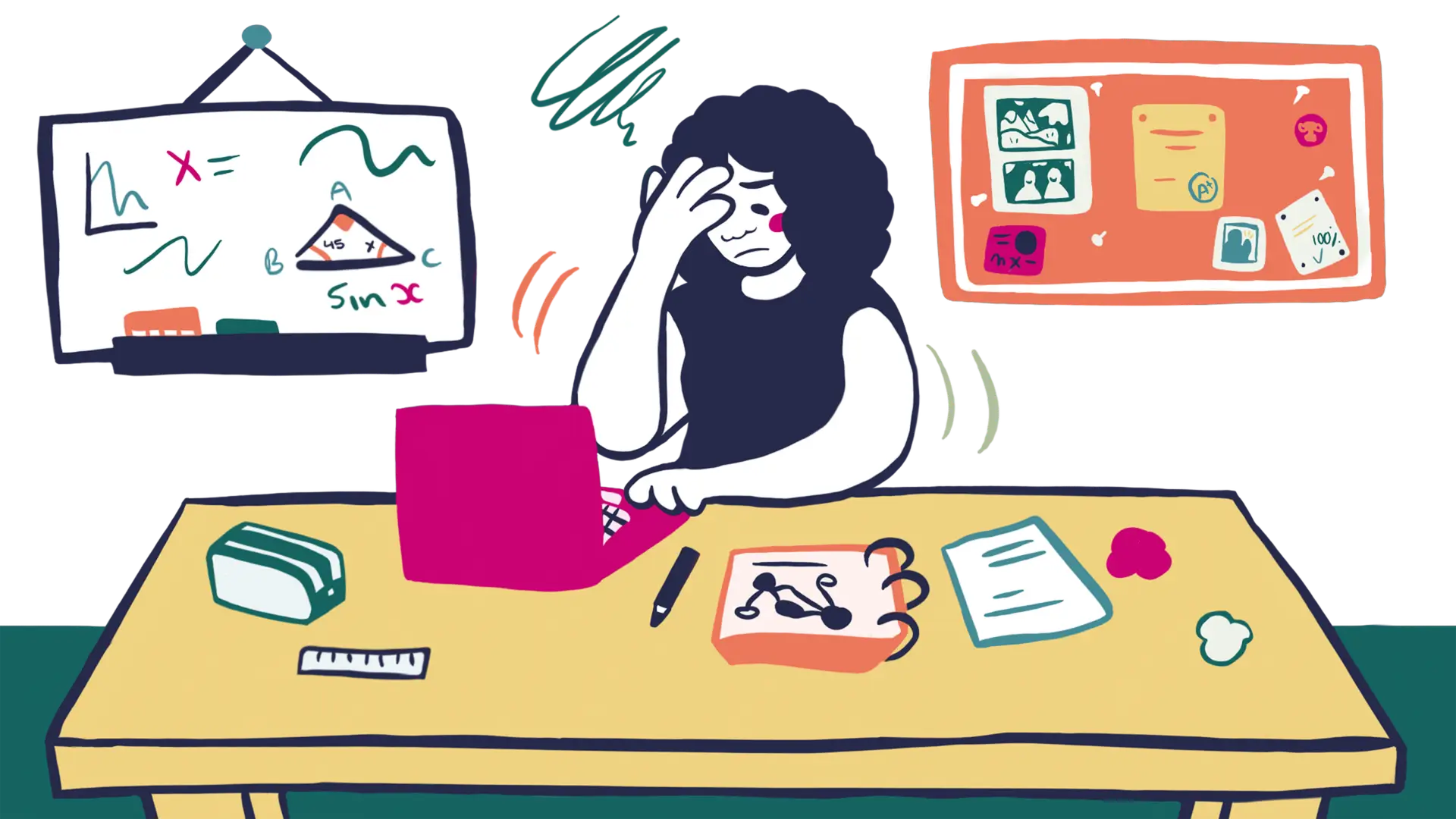 Illustration of a young person sitting at a desk with a pink laptop. She looks stressed, with one hand on her head and squiggles indicating confusion above her head