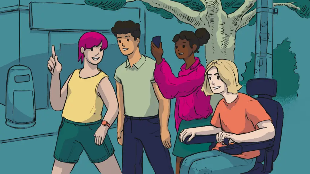 Illustration of four young people chatting. Three are walking and one is a wheelchair user. They are chatting and gesticulating in an animated way