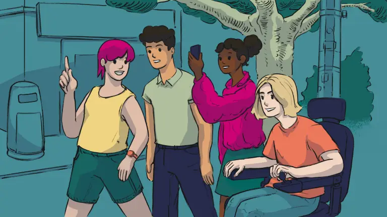 Illustration of four young people chatting. Three are walking and one is a wheelchair user. They are chatting and gesticulating in an animated way