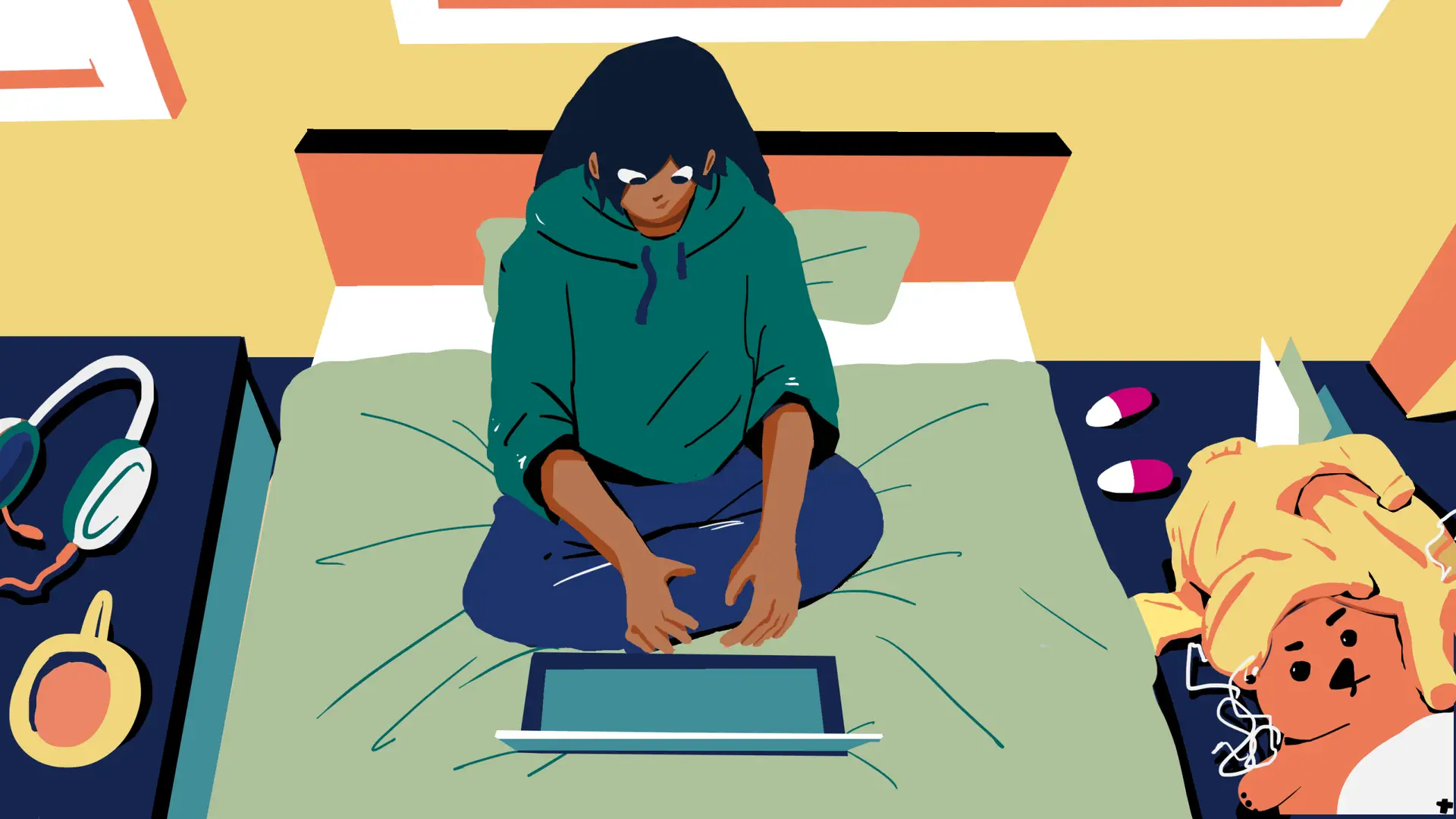 Illustration of a young person sitting on a bed in front of a laptop